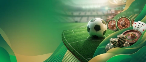 Bola de futebol no gramado com roletas, fichas e cartas