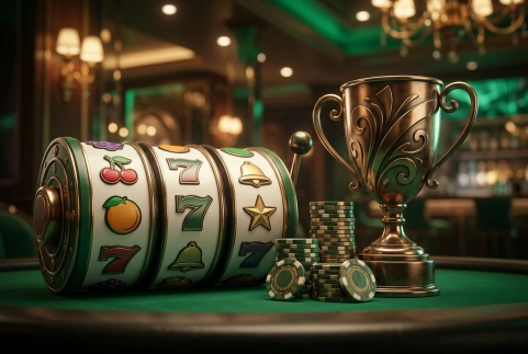 Rolos de slot com frutas e setes, troféu e fichas